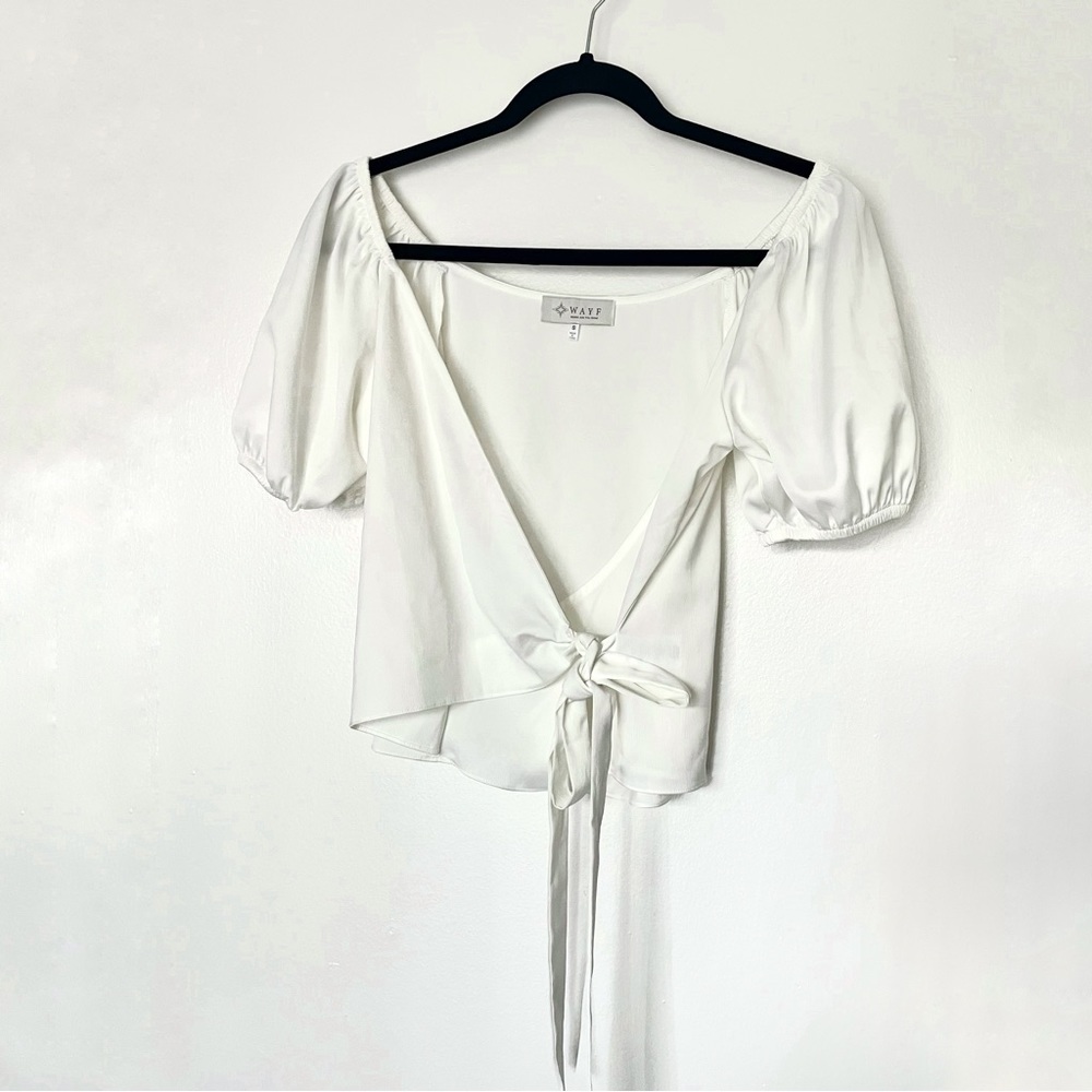 WAYF Faux Wrap Puff Short Sleeve Blouse Top